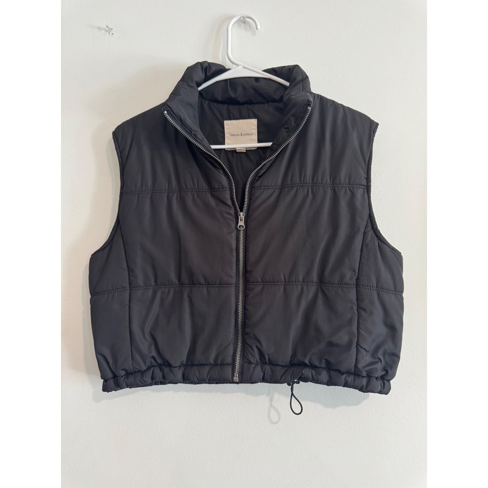 Thread & Supply Cropped Puffer Vest Womens S Black Drawstring Hem Streetwear